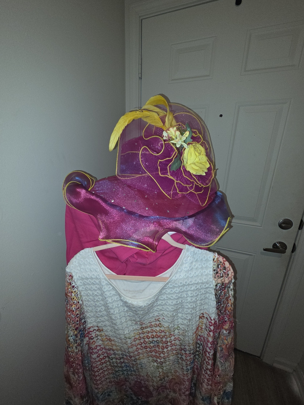 Fuchsia Wide-Brim Floral Trim Hat with Yellow Accents